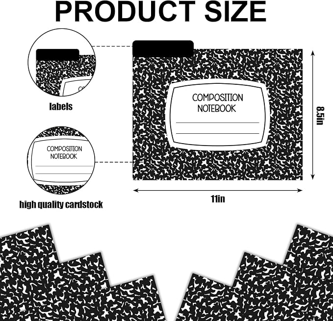 JarThenaAMCS 12 Pcs Composition Notebook File Folders Black White Decorative File Pockets for Filing Cabinet Back to School Supplies, 8.5 x 11 Inch