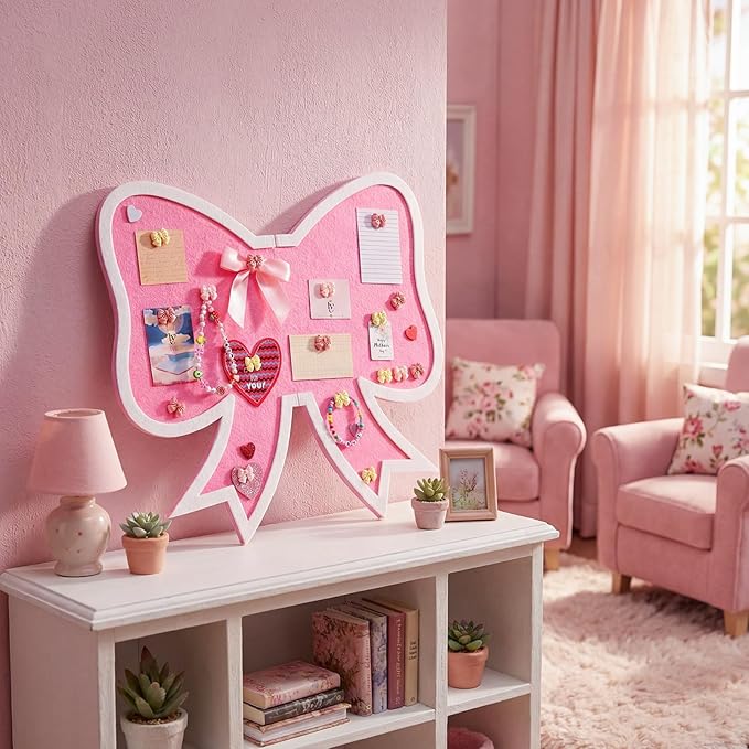 Affrolling 18 Inch Cute Bulletin Board Felt Bow Cork Board with Push Pins Decorative Thumb Tacks for Wall Craft Scrapbooking Home Decor(Bow,Pink)