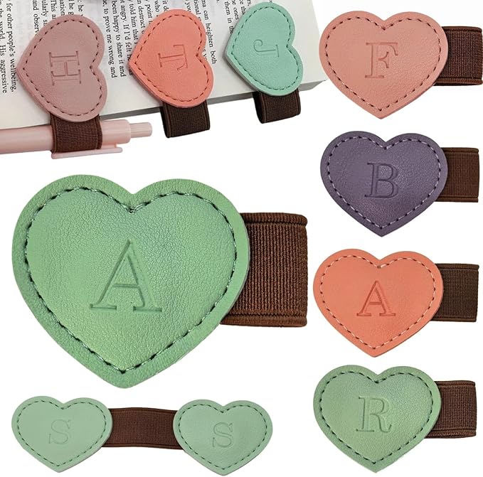 Personalized Magnetic Leather Heart Bookmark with Pen Holder - 26 Letters Custom Book Mark Notebook Pencil Loop with Initial Book Marker for Readers, Book Lovers- Gifts for Women Men(Green,A)