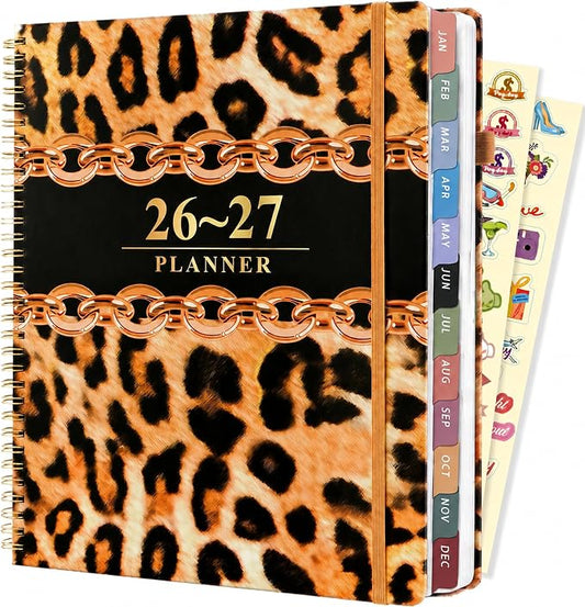 Planner 2026-2027 Weekly and Monthly 18 Month Daily Calendar Planners July 2026-Dec 2027 8.5 x 11 Yearly Hardcover Large Agenda with Stickers& Tabs for Women- Leopard