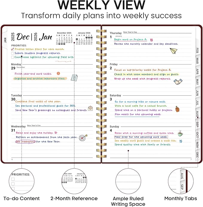 2026 Planner, Weekly and Monthly Calendar Planner Book, January 2026 - December 2026, Hardcover Spiral Planner with Monthly Tabs, Notes Pages, Perfect for Women & Men, A5 (6.4" x 8.5") - Burgundy