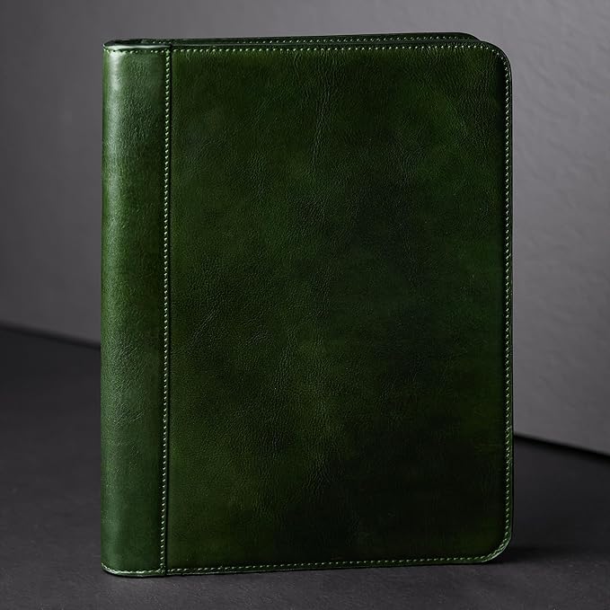 Time Resistance Leather Portfolio - A4 Document Folder - Italian Handcrafted Padfolio Organizer (Green) - Gift Box Included