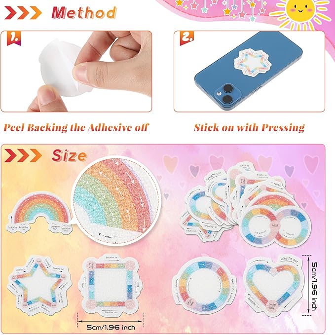 Gersoniel 72 Pcs Anxiety Sensory Stickers Calm Stickers Adhesive Textured Mental Health Strips Mindfulness Fidget Decals Stress Anxiety Relief Items for Desk Therapy Office Counselor(Pastel Breathe)