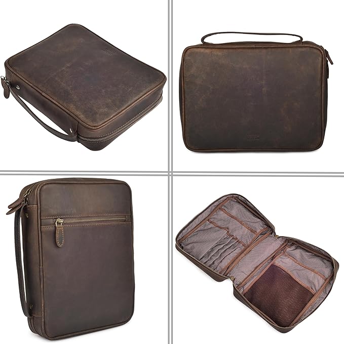 LEATHER VILLAGE Genuine Leather Bible Cover with Zipper for Men & Women - Large Bible Case Carrying Bag Book Cover & Organizer with Handle and Pockets - Leather Bible Covers for Church Study - Brown