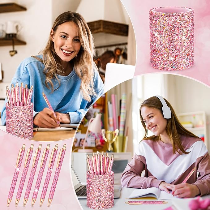 BBTO Bling Sequin Pen Holder with 6 Pcs Sequin Click Pens Cute Glitter Retractable Ballpoint Pens, Pencil Cups for Desk Organizer Makeup Brush Holder for Women Girls Classroom Offices(Pink)