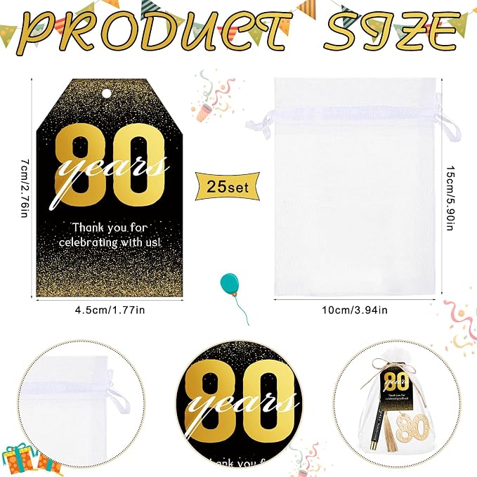 Spakon 25 Set 80th Birthday Party Favor for Guest Anniversary Party Favor Golden Birthday Bookmark Thanks Coming Pen with Tag Appreciation Gifts for Women Men Wedding Anniversary