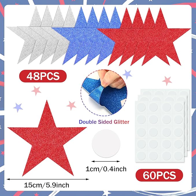 JUNEBRUSHS Patriotic Stars Cutouts, 48Pcs Double Sided Glitter Stars Cutouts 4th of July Paper Star Classroom Bulletin Board Decoration for Independence Day Wall Decor Craft Supplies