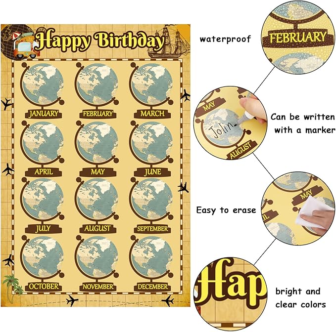 Happy Birthday Chart for Classroom, 2Pcs Birthday Poster Decoration 17’’ x 12’’ Birthday Travel Map Calendar Cutouts for School Bulletin Board, Chalkboards, Wall Decor
