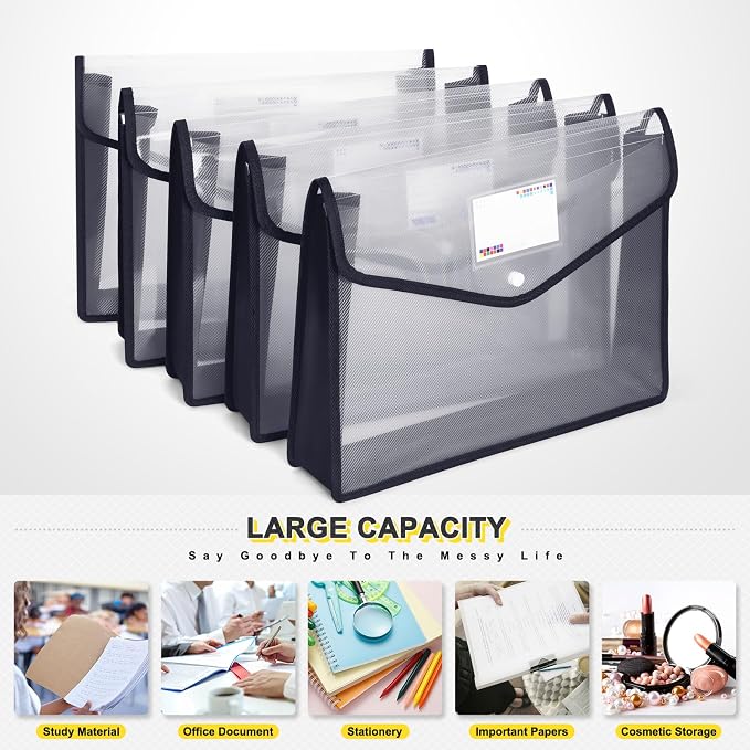 Plastic File Folders, Waterproof Transparent Expandable File Organiser, Portable Large Capacity A4B4 File Wallet for Office/Business/School (5 Pack)