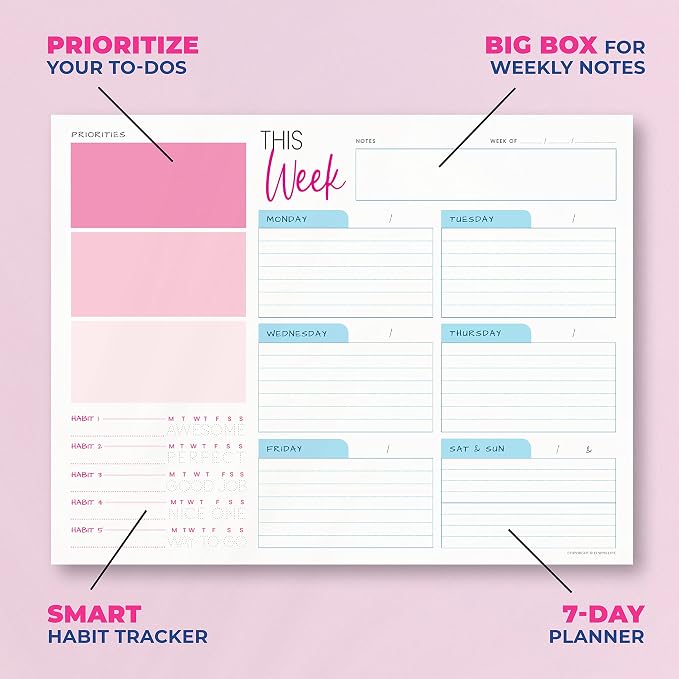 Weekly Planner Pad - Undated Planner - To Do List Notepad - Habit Tracker - 11 x 8.5" - 52 Tear-Off Sheets - Daily Planner Undated for Home Work Office Business - Goal Planner - Cute Planner (Pink)