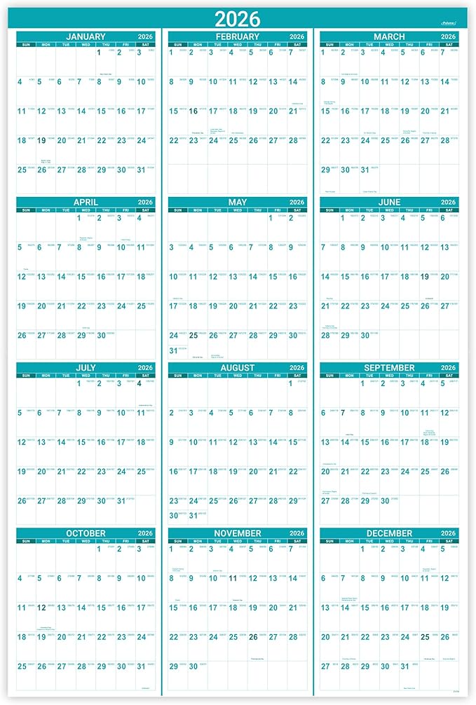 2026 Calendar - Yearly Wall Calendar 2026, Jan.2026 - Dec.2026, 34.3" x 22.8"(open), 2026 Wall Calendar with Thick Paper, One Page for Organizing, Vertical, Round Stickers - Green
