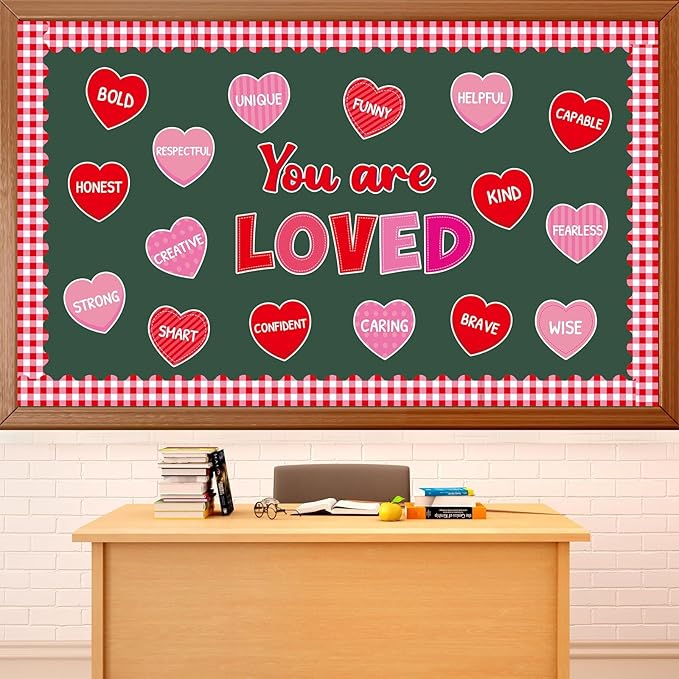 You are Loved Valentine's Day Bulletin Board Decorations Valentines Day Classroom Bulletin Border Red Heart Cutouts with Motivational Positive Sayings for Valentines Party Supplies School Office Decor