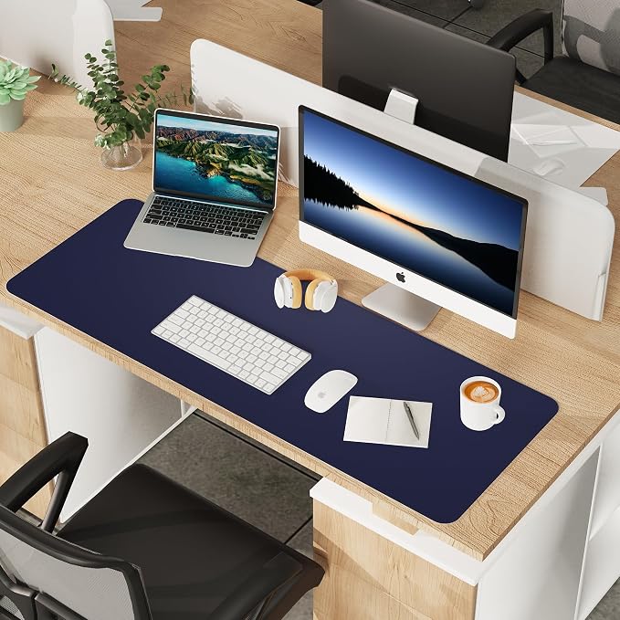 AFIING Leather Desk Pad Protector, Large Desk Mat with Natural Cork & PU Leather, Mouse Pad, Non-Slip, Waterproof Desk Writing Pad for Office and Home Blue