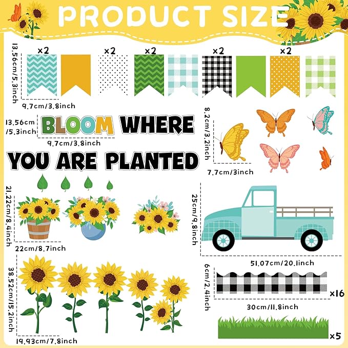 Spring Sunflower Bulletin Board Decoration Set Sunflowers Truck Cutouts Spring Motivational Sayings Butterfly Bulletin Board with Black Plaid Borders for Classroom Wall Door Decor