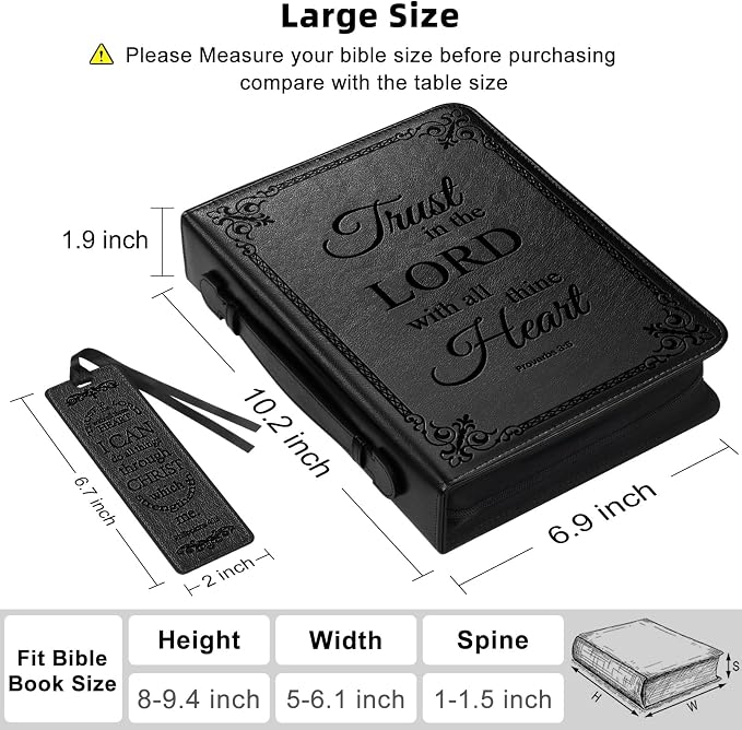 Large Bible Cover Case for Men Women, Mens Bible Covers Cases Leather Bible Cover Carrying Case for Women Men with Handle Zippered Bible Book Cover Holder Bag Case(Black, L)