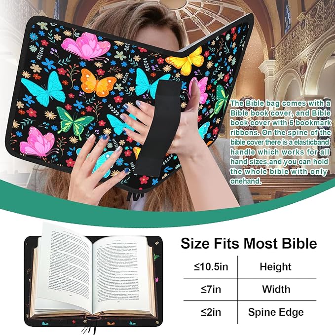 Bible Cover for Women,Bible Carrying Case,Large Bible Bag for Woman Organizer,Butterfly Bible Holder,With God All Things Are Possible,Bible Study Supplie Kit With Highlighters,Tabs,Pens,Christian Gift