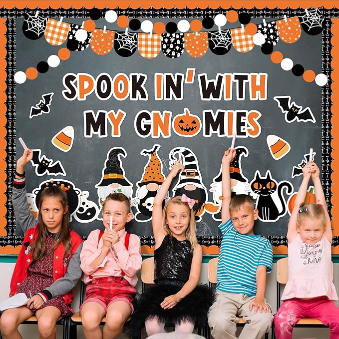 Whaline 113 Pcs Halloween Gnome Bulletin Board Decoration Black Orange Gnome Pumpkin Bats Paper Cutouts with 200 Pcs Glue Points for Holiday Party Home Classroom