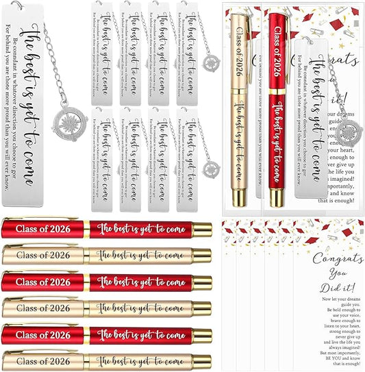 Affrolling 12 Sets Class of 2026 Graduation Gifts Bulk – Graduation Pens, Compass Bookmarks, Cards & Clear Gift Bags, Inspirational Party Favors for Students & Teachers(Red,Gold)