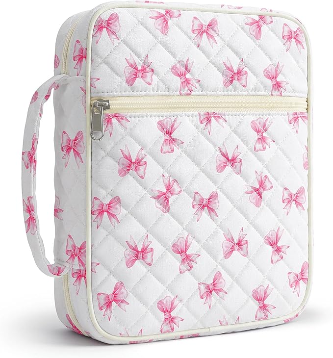 WOBAGMEN Bible Cover Case for Women,Large Bible Tote Bags Organizer Quilted Carrying Case for Girls,Bible Study Supplies Accessories Christian Gifts for Women (Pink mini Bow, M)