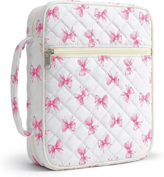 WOBAGMEN Bible Cover Case for Women,Large Bible Tote Bags Organizer Quilted Carrying Case for Girls,Bible Study Supplies Accessories Christian Gifts for Women (Pink mini Bow, M)