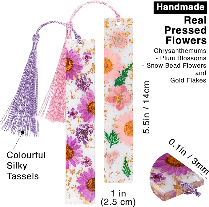 Pressed Flower Bookmarks (2 Pack) Clear Dried Floral Resin with Tassels Handmade Gift for Women, Students, Bookworms, Book Lovers, Accessories to Increase Reading Interest
