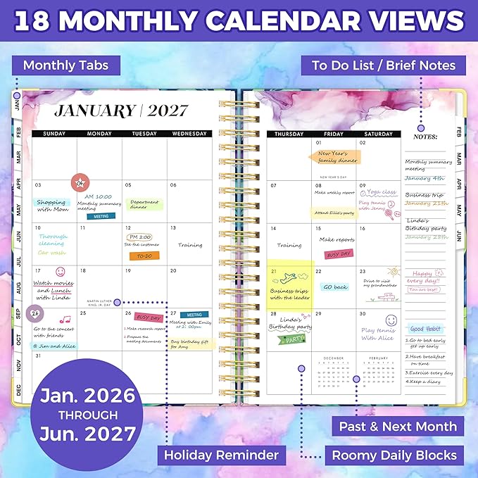 Planner 2026-2027, 18 Month Weekly and Monthly Planner, Jan. 2026 - Jun. 2027, 9" x 11.6" A4 Large Hardcover Calendar Planner with Page Tabs, Separator Page, Inner Pocket, Bookmark, Stickers, Sticky Note Set