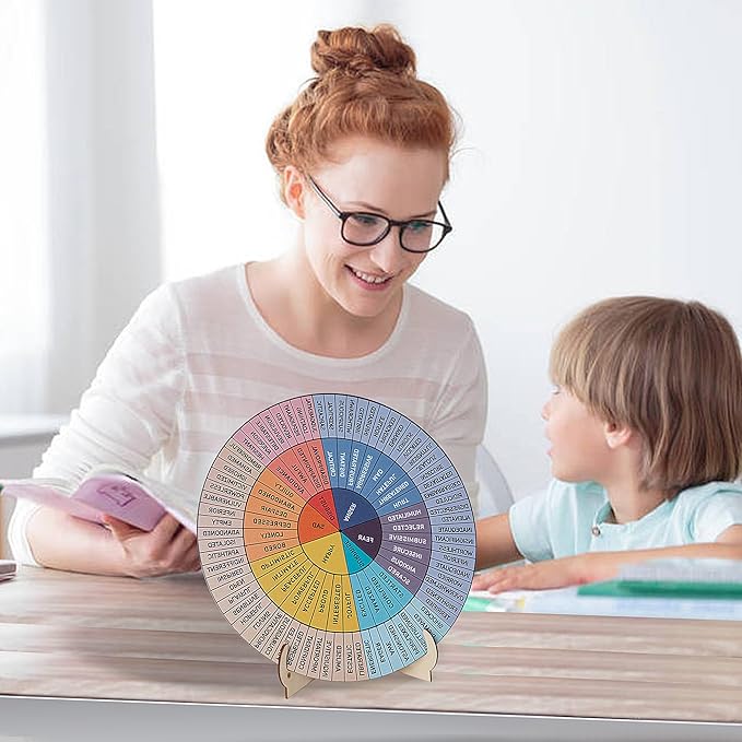 Feelings Wheel Therapy Office Decor, 9.7 Inches Diameter Large Double Sided Mental Health Decor Emotion Wheel with Stand, Wooden Coping Wheel Chart Gifts for School, Therapy Office, 2025 Upgrade