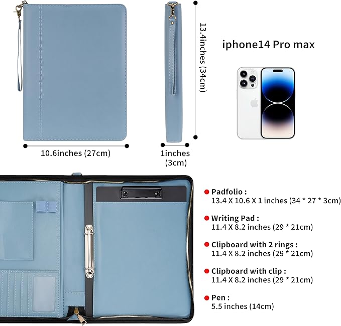 Wason A4 Portfolio with Zipper - Leather PU Padfolio with Detachable Ring Binder and Writing Notepad Holder, Conference File Multi-Pockets Organizer for Office Travel School (Misty Blue)