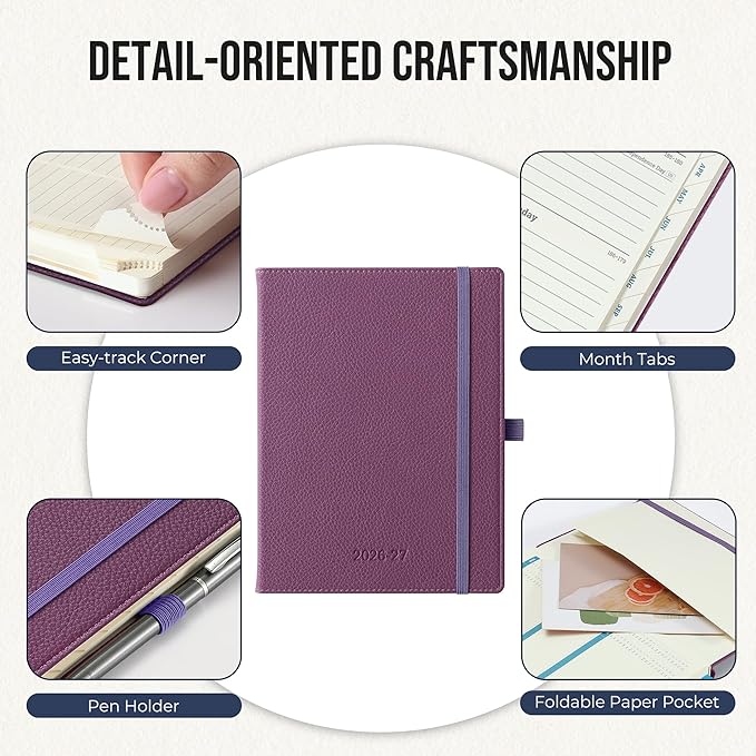 Weekly Planner 2026-2027 A5 (6.5" x 8.5") 12 Months (Jul'26 - Jun'27) Weekly & Monthly Planner with Month Tabs & Inner Pocket, Expenses/Note Pages, PU Leather Purple