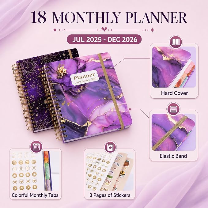 CAGIE Planner 2026-2027 18 Month July 2026-Dec 2027 Weekly and Monthly Calendar Planners Yearly Daily Hardcover 26-27 Planner for Women with Stickers Tabs Spiral Bound Agenda, Purple Marble, 8.3"x9.1