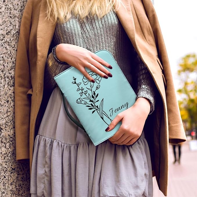 Personalized Bible Cover with Birth Flower, Custom Bible Cover Case for Women Girls, Large Capacity Scripture Bag with Handle