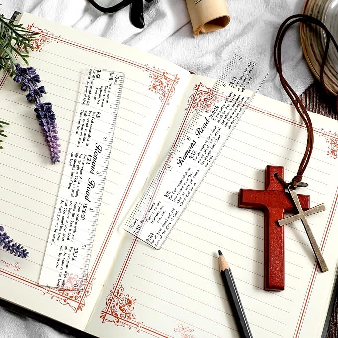 24 Pcs Clear Bible Verses Ruler with Scalloped Edge 6 Inch Christian Rulers with Books of the Bible for School Classrooms,Multitool or Bookmark(Romans Road)