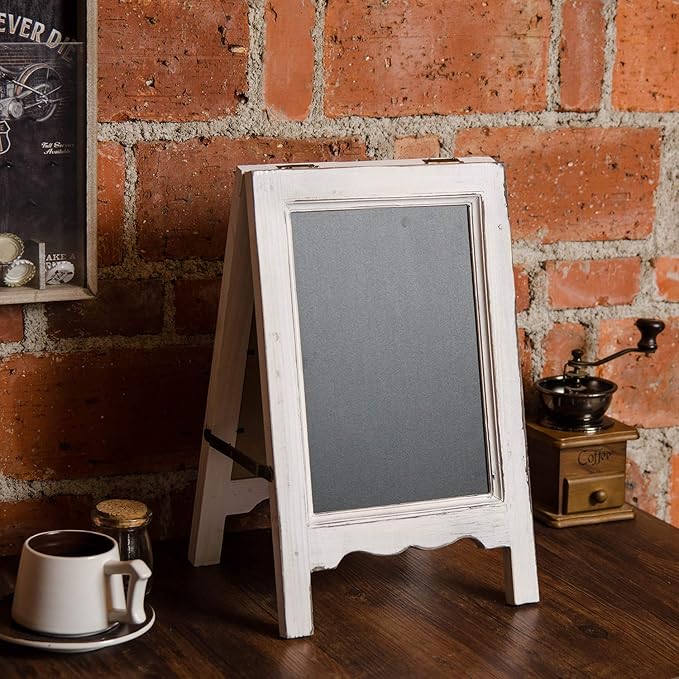 15 inch Mini Tabletop Wooden A-Frame Double-Sided Slate Chalkboard Sign Easel for Business (White)