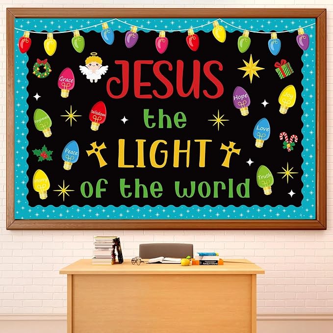 82 Pcs Christmas Religious Bulletin Board Decorations Colorful Light Bulb Jesus the Light of the World Cutouts Xmas Christian Faith Bulletin Board for Sunday School Classroom Decoration