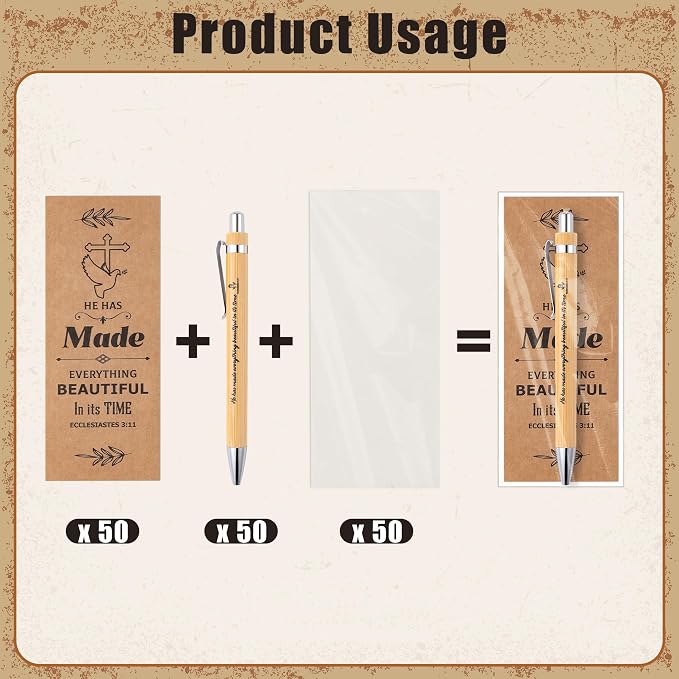 Haooryx Christian Bible Pen Bookmark - 50-Piece Christian Bible Verse Bamboo Inspirational Pen Scripture Biblical Bookmark Set Sunday School Church Religious Multi-Item Party Favor Packs Gifts Bulk