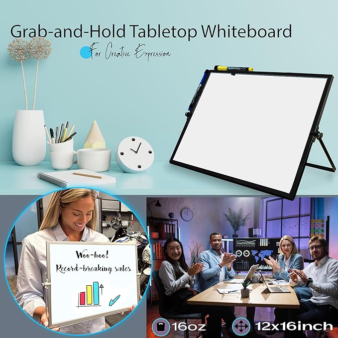 12x16 Magnetic Whiteboard with Stand - Double-Sided Dry Erase Board, Black Frame, 8 Fine-Tip Markers, 4 Magnets & Eraser | Desk, Wall & Lapboard Use
