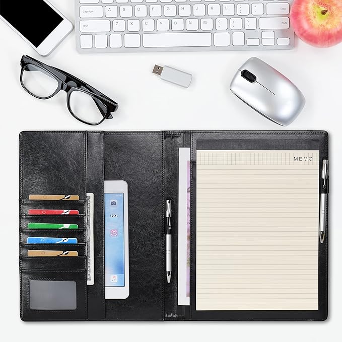 Wonderpool A4 PU Leather Clipboard Partfolio Notepad Forms Holders Document Case - Interview Planner Meeting Writing Padfolio File for Office Travel School Hotel Hospital (A4,Black)