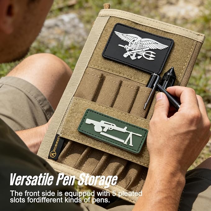 KOSIBATE Tactical Notebook Cover for 5" x 8" Field Notebook, Military Army Greenbook Cover with Hook & Loop Patch Panel, Nylon Durable Organizer with Pen Slots for Work, Outdoor, EDC(Tan)