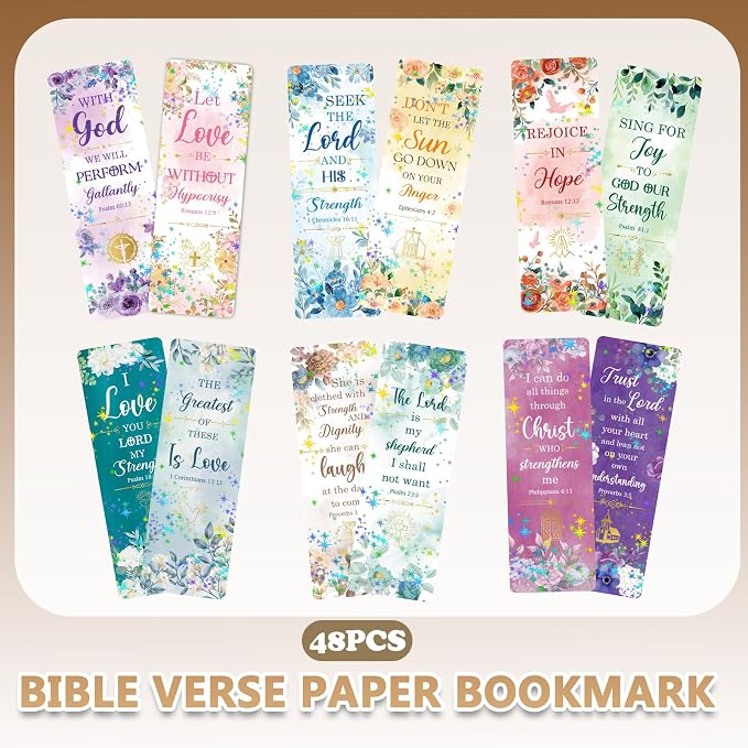 48 Pcs Christian Bookmarks, Religious Bible Verse Paper Bookmark Bulk for Women Man, Colorful Flower Cross Book Mark Gift for Reading Lovers Church Accessories