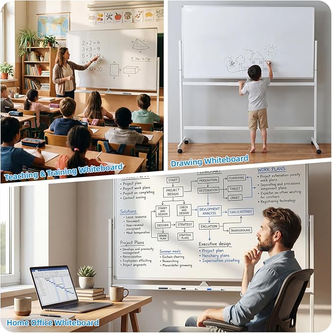 VOWNER Double-Sided Magnetic Whiteboard, 72" x 40" Large Mobile Dry Erase Board, Reversible Rolling White Board with Aluminum Frame & Stand, for Home Office, Classroom, School, White