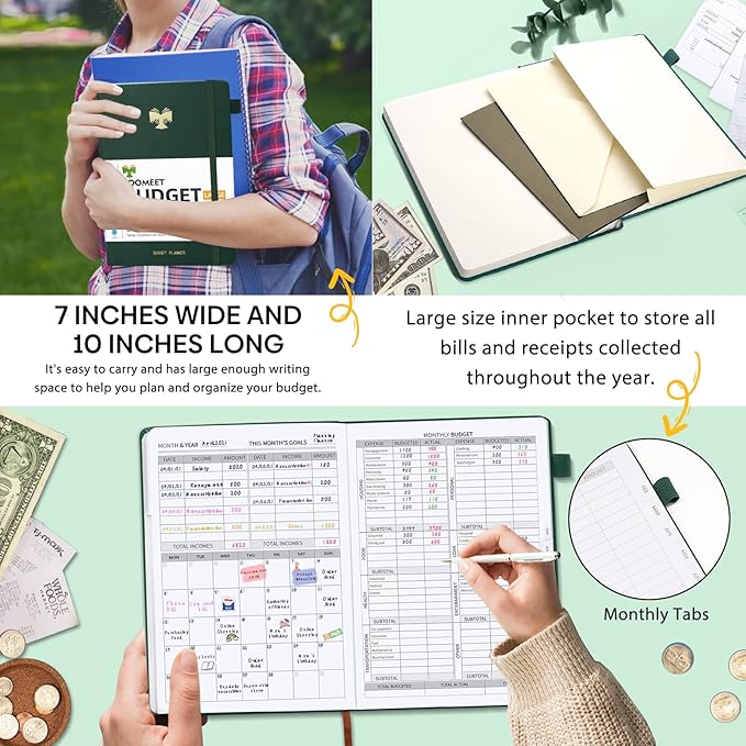 Budget Planner with Monthly Tabs - 7" x 10" Hardcover Budget Book, Monthly Bill Organizer with Pockets, Undated Finance Planner with Expense Tracker Notebook to Take Control Your Money-Dark Green