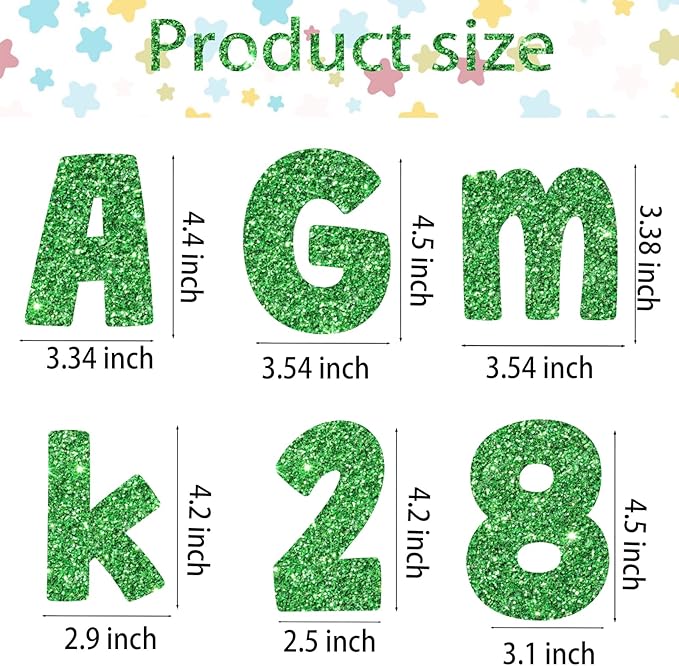 225Pcs Glitter Bulletin Board 4inch Letters with Adhesive Dots Punctuation Symbols Cutout for Classroom Numbers Alphabet School Display Decorating Supplies (Green)