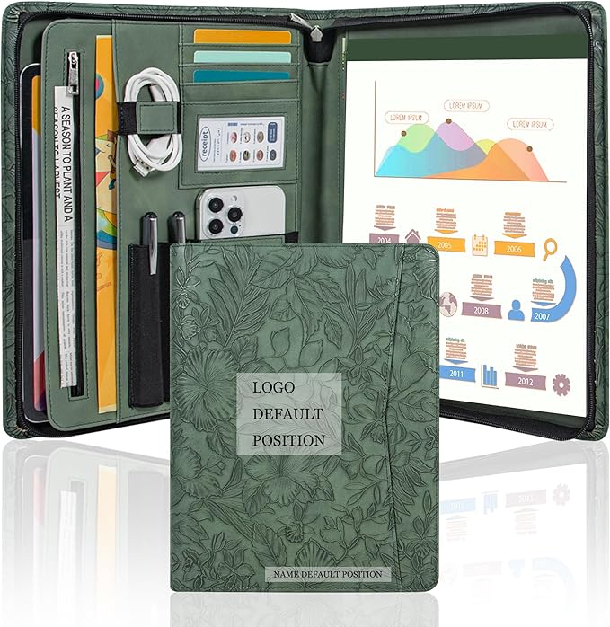 Calfinder Vegan Leather Portfolio with Zipper, Professional Business Padfolio with A4 Writing Pad Holder, Green Christmas Gifts, Resume Folder for Men and Women (Dark Green, Customized)