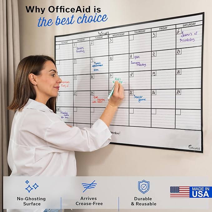 Large Dry Erase Calendar for Wall, 24x36, Large Wall Calendar Dry Erase, Big White Board for Office, Home & School, Giant Erasable Whiteboard, Jumbo Monthly Undated Reusable White Board Planner
