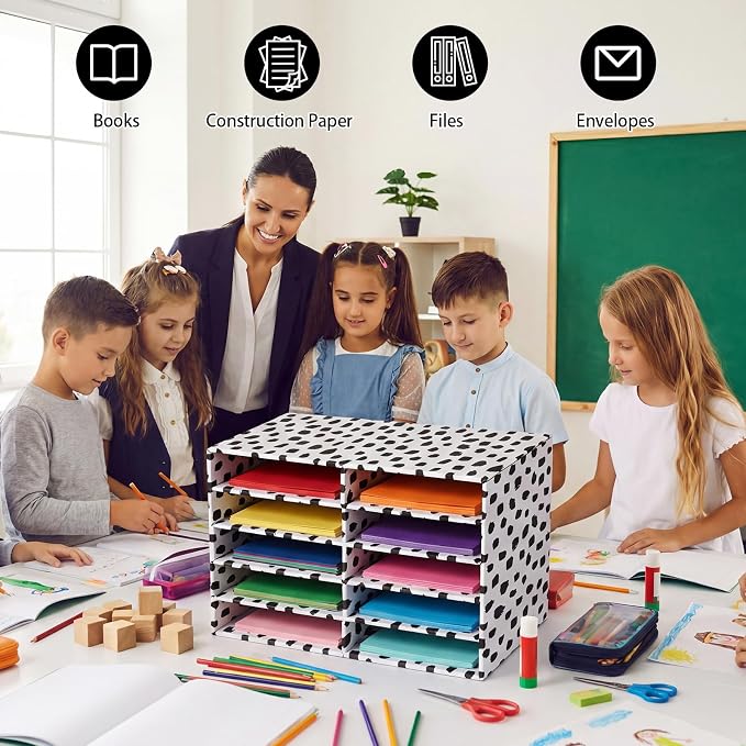 Dispowreath 2 Pack 10 Slots Construction Paper Storage, Classroom Mailboxes, Back to School Literature Cardboard Paper Organizer for Teacher, Office, 19.7 x 12.4 x 11.8 Inches(White,Spot)