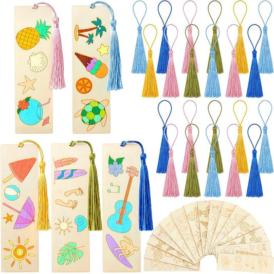 AmazingSpark 100 Pcs Hawaiian Wood Bookmarks Bulk DIY Crafts Kit, 50 Set Summer Blank Coloring Bookmarks with Tassel for Classroom Reward Gifts, End of Year Gifts, Luau Birthday Party Favor