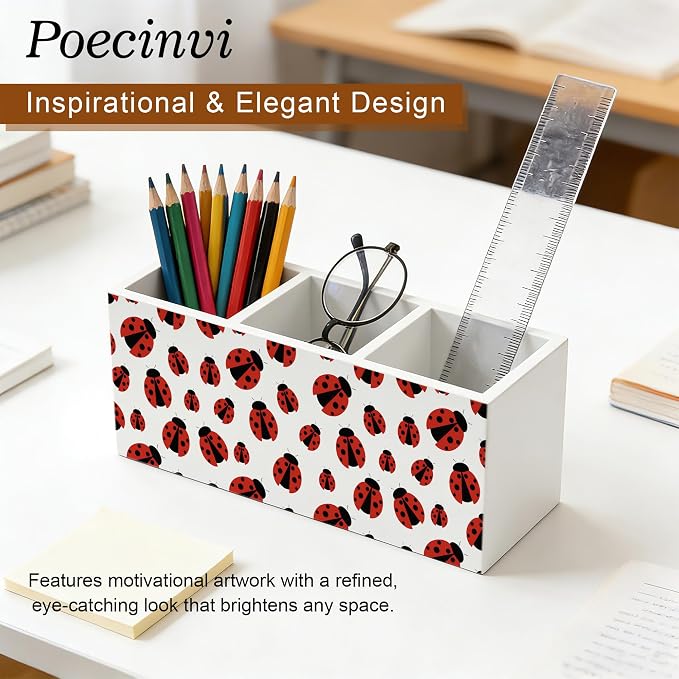 Red Ladybug Pen Holder for Home Office Desk, Ladybug Gifts, Cute Lady Bug Wooden Box Sign Pencil Holder for Desk Shelf Organizer