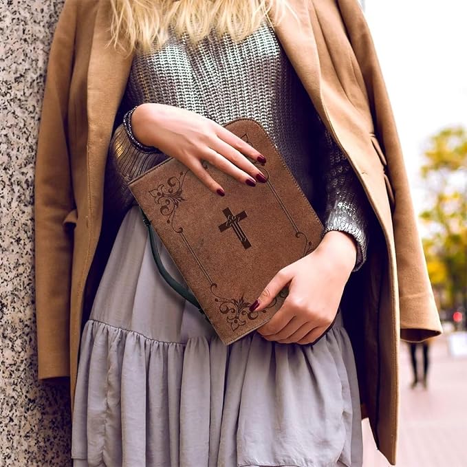 Retro Cross Women Bible Carrying Case Large Size Waterproof Bible Organizer Bag Portable Bible Covers with Handle Lightweight PU Leather Bible Carrier