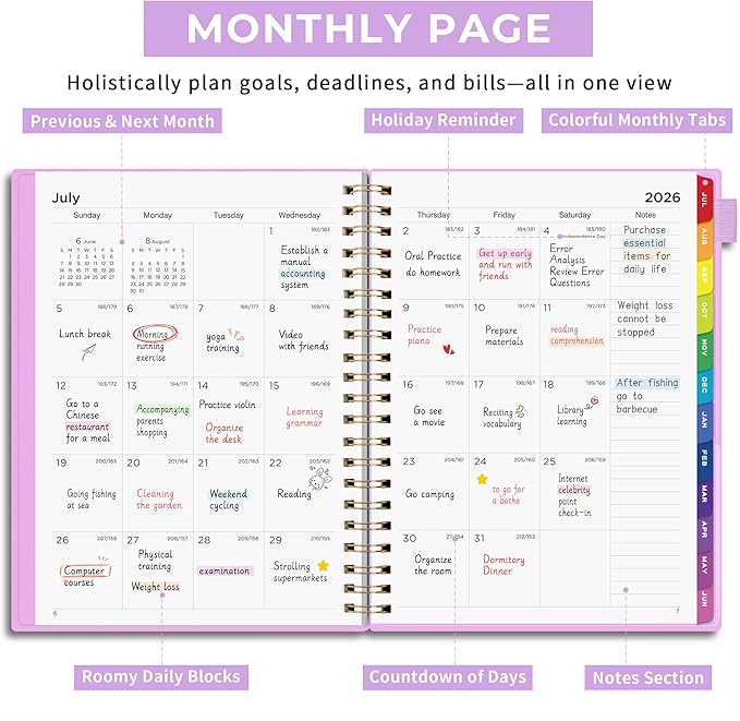 EMSHOI Academic Planner 2026-2027, Large A4 8.5x11, Weekly and Monthly Calendar (July 2026-June 2027), School Student Teacher Agenda Book, 100GSM Thick Paper, PVC Cover, Colorful Tabs, Purple