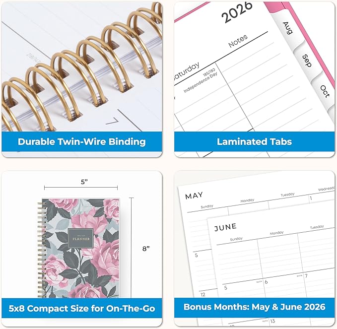 Blue Sky 2026-2027 Weekly and Monthly Academic Year Planner Calendar, July 2026 - June 2027, 5" x 8", Flexible Cover, Wirebound, Laminated Tabs, Roosevelt Pink